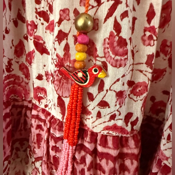 Alicia Bell Floral Beaded Tassel Tie VNeck Ruffle Ari Mini Dress Red Pink EUC - Picture 6 of 16